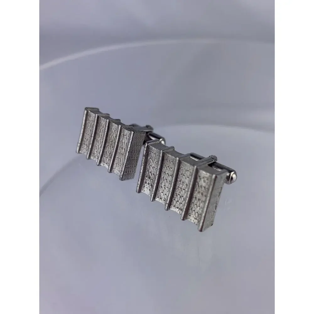 Modern Style Rectangle Silver Tone Cufflinks Textured Stripes Formal Vintage
